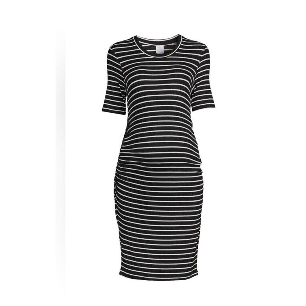 Time and Tru Maternity Short Sleeve Striped Dress Size L Scoop Neck Side Ruching